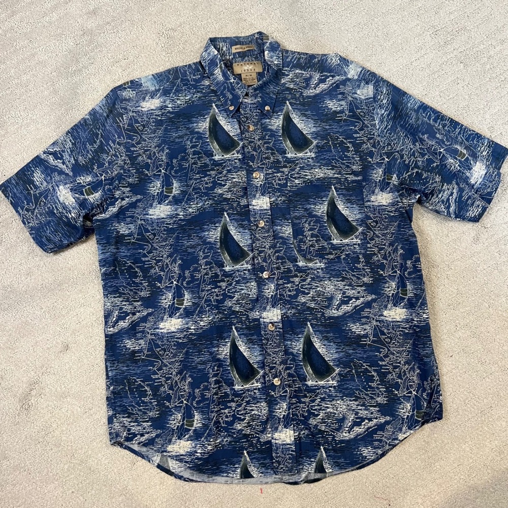 Natural Issue Sailboat Map Print Beach Nautical Button Up Shirt Men's M‎